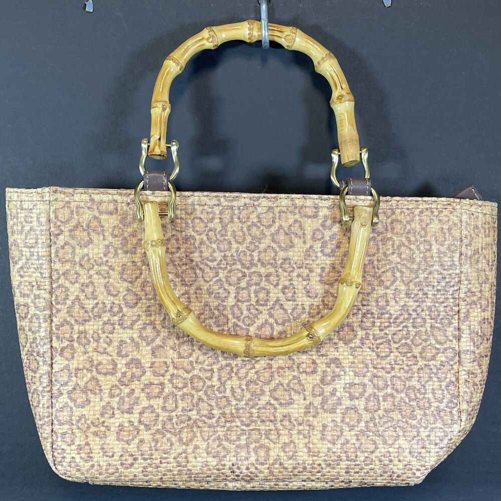Relic Woven Leather Bamboo Handles Hand Bag Purse Cheetah Leopard Print